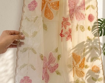 Handpainted Organza Dupatta with Intricate Floral Cutwork Border