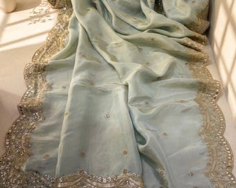 Sky Blue Bridal Dupatta in Tissue Silk with Mirror Work & Zari – Indian Wedding Dupatta