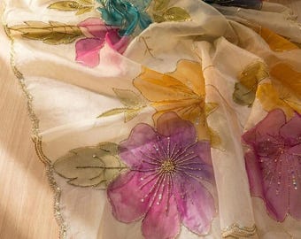 Dupatta de organza pintada a mano, bufanda floral ligera, chal transparente de diseño
