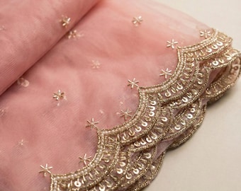 Pink Net Dupatta: Sequin & Bead Embroidery, Bridal Wear