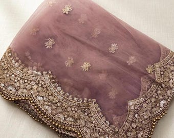 Lavender Dupatta in Net Fabric with Cutwork Border, Elegant Bridal Dupatta