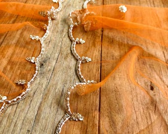 Orange Net Dupatta with Beads Work – Scalloped Border Designer Indian Ethnic Wear