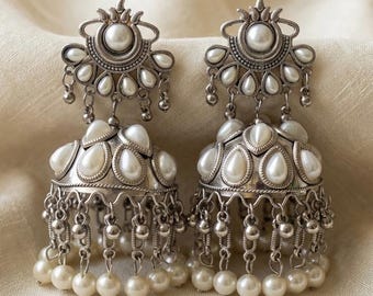 Silver Jhumka Earrings, Bridal Wedding Jewelry, Oxidized Pearl Drop, vintage indian earrings