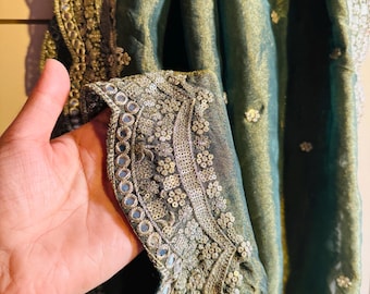 Green Tissue Silk Dupatta | Zari Mirror & Embroidery Bridal Wear