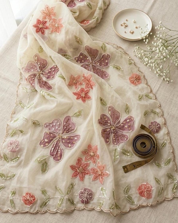 Handpainted Organza Dupatta with Pearl Work, Designer Floral Dupatta