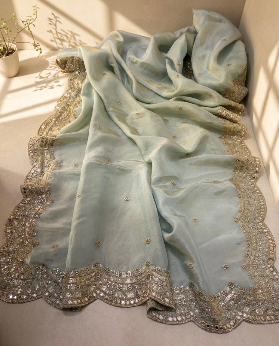 Sky Blue Bridal Dupatta in Tissue Silk with Mirror Work & Zari - Indian Wedding Dupatta