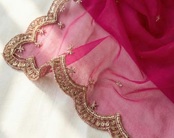 Bridal Rani Pink Net Dupatta with Cutwork Border | Indian Wedding Dupatta