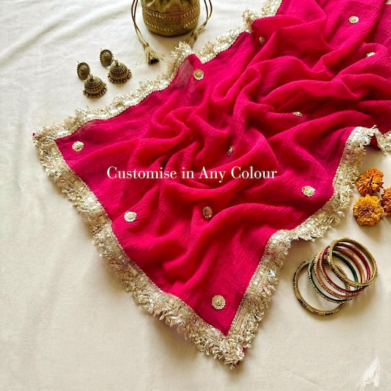 Pink Chiffon Dupatta with Gold Zari Border Lightweight Indian Party Wear Dupatta