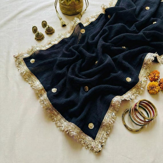 Black Chiffon Dupatta with Golden Zari Border | Party & Wedding Ethnic Shawl