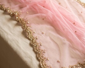 Pink Net Dupatta Cutwork Border, Bridal Wedding Veil, Indian Pakistani Wedding Scarf