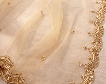 Golden Net Bridal Dupatta with Zari & Beads Work | Indian Wedding Dupatta