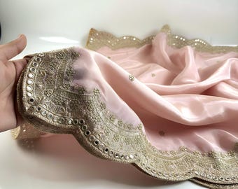 Light Pink Tissue Silk Dupatta: Zari & Mirror Embroidery, Bridal Wear