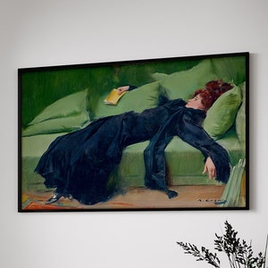 Decadent Young Woman (After the Dance) by Ramon Casas, Vintage Woman Portrait, Emerald Green Art, Moody Wall Art, Canvas Wall Art, Gift İdea