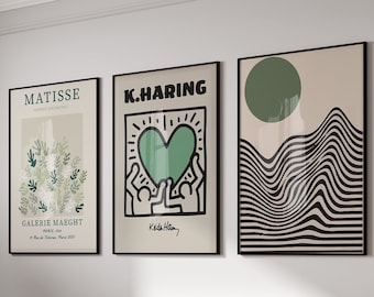 Set of 3 Keith Haring, Matisse, Bauhaus Prints, Sage Green Wall Art, Modern Wall Art, Trendy Wall Art, Housewarming Gift, Gift Idea