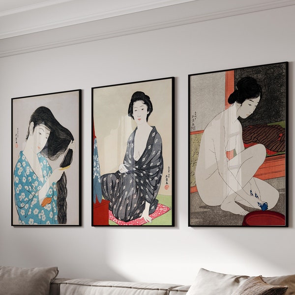 Japanese Geisha Prints Set of 3, Japanese Wall Art, Japandi Wall Art, Japanese Women Portrait Art, Vintage Wall Art, 3 Piece Wall Art