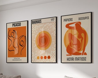 Set of 3 Henri Matisse, Picasso, Bauhaus Prints, Orange Wall Art, Modern Wall Art, Trendy Wall Art, Aesthetic Wall Art, Gift Idea