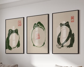 Japanischer Matsumoto Hoji Frosch, 3er Set Poster oder Leinwand, Japanischer Frosch Druck, lustige Frösche, Japandi Wandkunst, große Wandkunst, japanische Geschenke