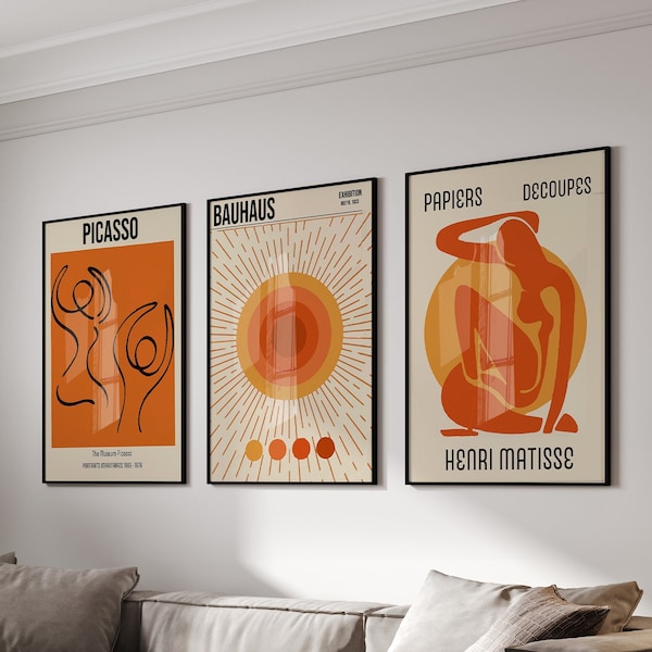 3er Set Henri Matisse, Picasso, Bauhaus Drucke, Orange Wandkunst, Moderne Wandkunst, Trendige Wandkunst, Ästhetische Wandkunst, Geschenkidee