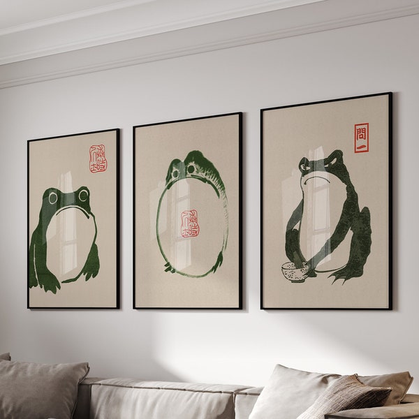 Conjunto japonés de ranas Matsumoto Hoji de 3 carteles o lienzos, impresión de ranas japonesas, ranas divertidas, arte de pared japonés, arte de pared grande, regalos japoneses