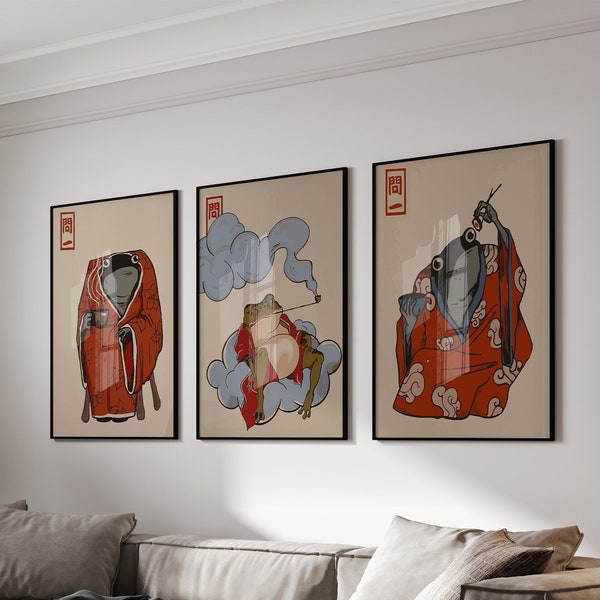 Set di 3 poster o tele di rana giapponese Matsumoto Hoji, stampa di rana giapponese, rane divertenti, arte della parete Japandi, arte della parete estetica, Idea regalo