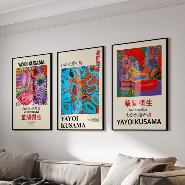 Yayoi Kusama Set of 3 Prints, Gallery Wall Set, Yayoi Kusama Print, Japanese Wall Art, Exhibition Poster Japandi Wall Art, Japanese gifts