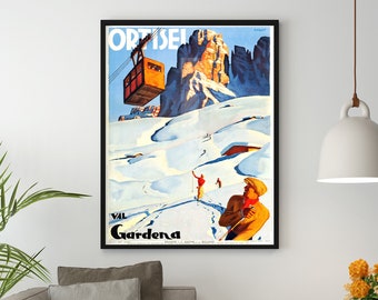 Ortisei, Val Gardena, Snow and Ski Vintage Travel Poster, İtaly Vintage Ski Poster /  Art Deco Poster, Travel Gift İdea, Wall Decor