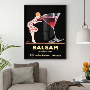 Balsam Aperitif - Woman Tips Giant Martini Glass Canvas Print / Vintage Food Drink Poster Print, Art Nouveau Poster, Bar Decor, Wall Decor