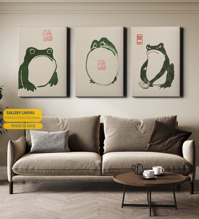 Japanese Matsumoto Hoji Frog Set of 3 Poster or Canvas, Japanese Frog Print, Funny Frogs, Japandi Wall Art, Large Wall Art, Japanese gifts image 2