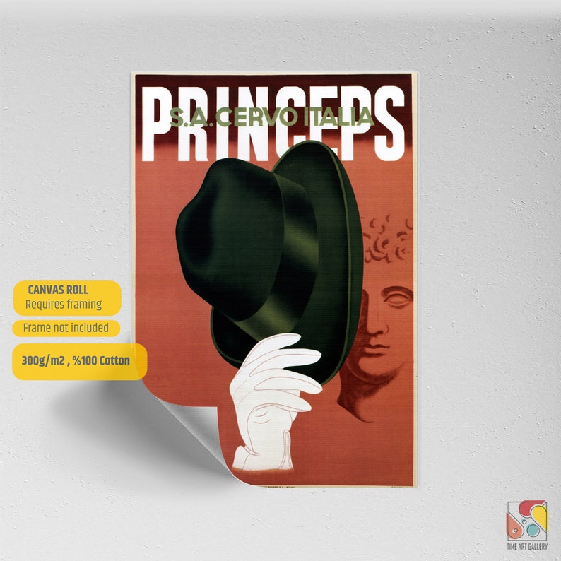 Princeps Fedora Hat S.A.Cervo Italia Vintage Art Deco Advertising Poster, Retro Poster, Vintage Wall Art, Wall Decor, Gift İdea Canvas Roll