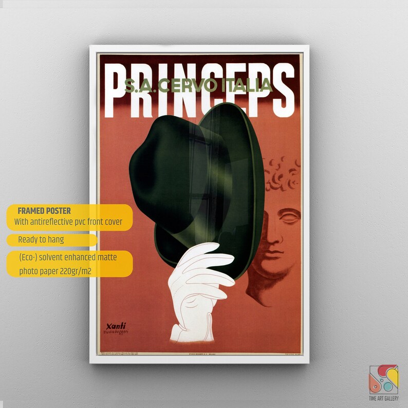 Princeps Fedora Hat S.A.Cervo Italia Vintage Art Deco Advertising Poster, Retro Poster, Vintage Wall Art, Wall Decor, Gift İdea image 5