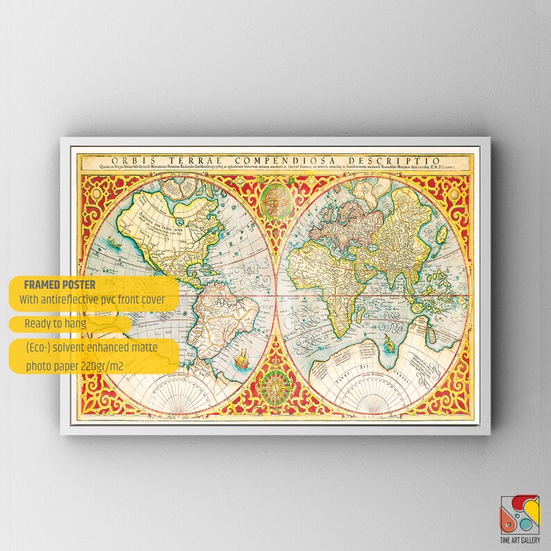 Carte du monde de 1602 par Jodocus Hondius - Orbis Terrae Novissma Descriptio - vintage Old World Map Art Print - Canada