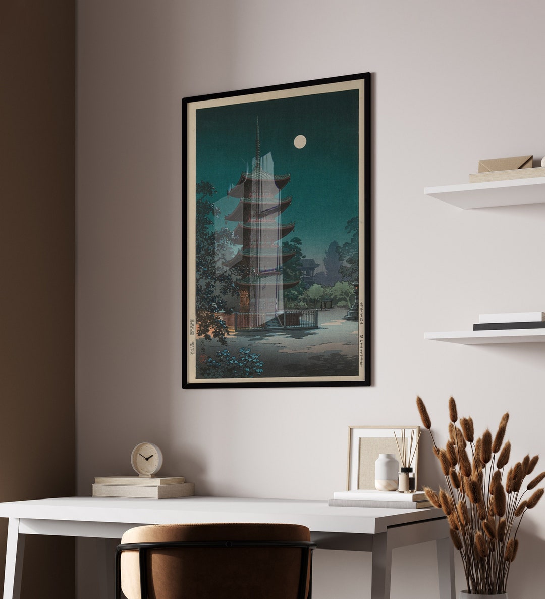 Japanese Painting Asakusa Kinryūzan Temple in Moonlight , Asian Print, Japanese Fine Art Print