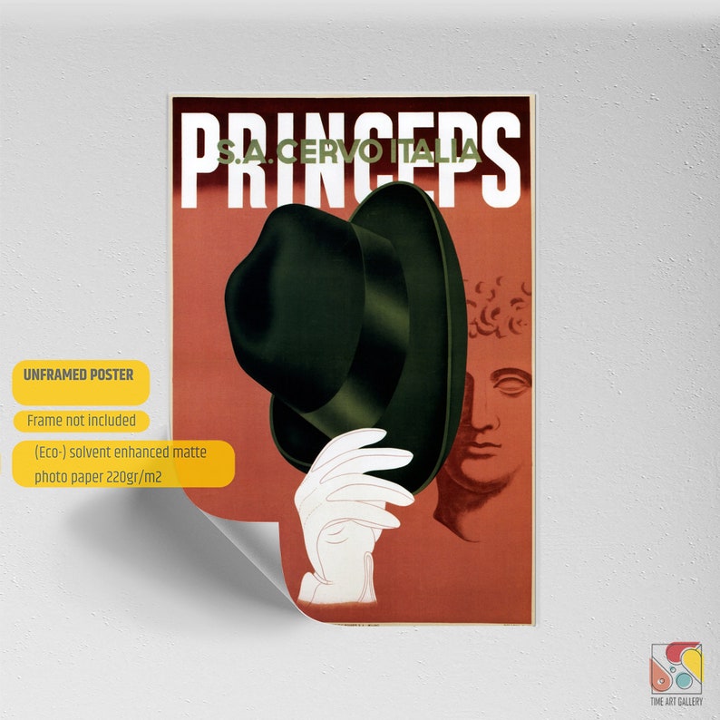 Princeps Fedora Hat S.A.Cervo Italia Vintage Art Deco Advertising Poster, Retro Poster, Vintage Wall Art, Wall Decor, Gift İdea Unframed Poster