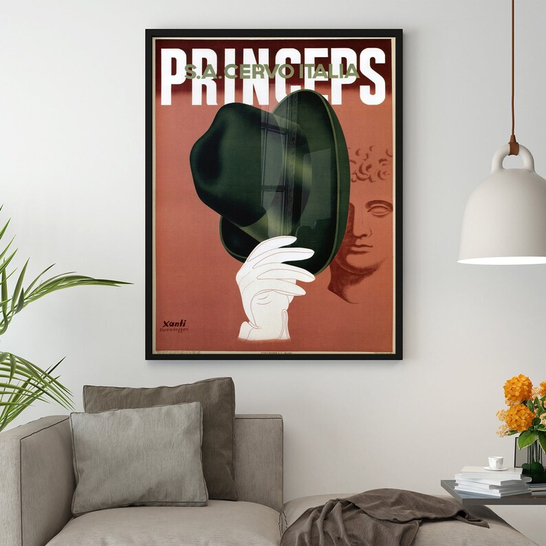 Princeps Fedora Hat S.A.Cervo Italia Vintage Art Deco Advertising Poster, Retro Poster, Vintage Wall Art, Wall Decor, Gift İdea image 1