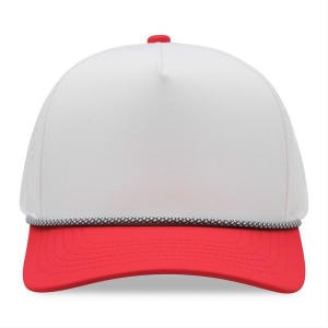 May include: A white trucker hat with a red brim and a red button on top. The hat has a black and white rope detail along the brim. The hat is a classic style.