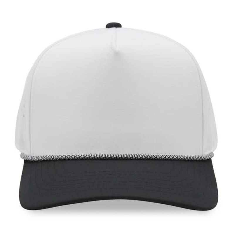 May include: A white trucker hat with a black brim and a black button on top. The hat has a white front panel and a black and white rope detail along the brim.
