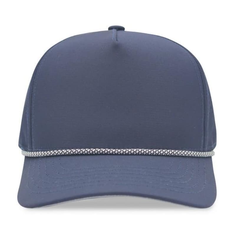 May include: A navy blue baseball cap with a curved brim. The cap features a white and gray rope detail along the brim. The cap has a structured crown and a small button on top.