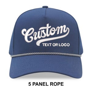 Custom embroidered 5 panel rope hats. Bulk rope hats for weddings, bachelor parties, bachelorettes parties, company events and businesses.