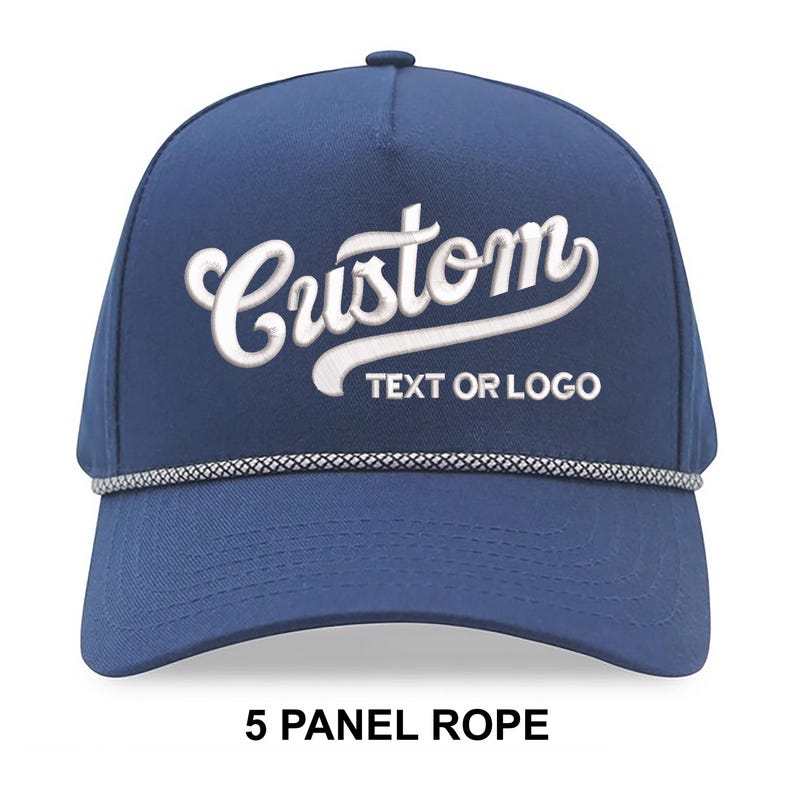 Custom embroidered 5 panel rope hats. Bulk rope hats for weddings, bachelor parties, bachelorettes parties, company events and businesses.