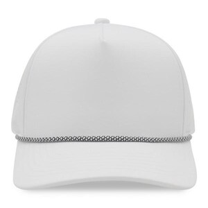 May include: A white trucker hat with a curved brim and a rope detail. The hat has a mesh back and a solid front panel. The rope detail is a black and white pattern. The hat is a classic style.