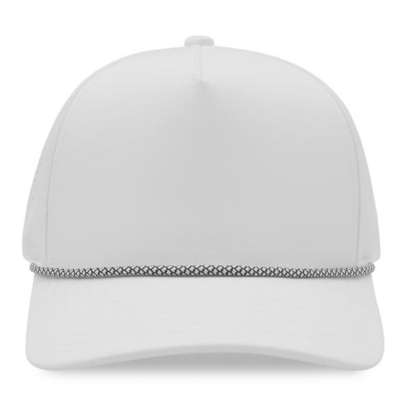 May include: A white trucker hat with a curved brim and a rope detail. The hat has a mesh back and a solid front panel. The rope detail is a black and white pattern. The hat is a classic style.