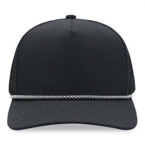 May include: Black baseball cap with a curved brim and a white and gray rope detail. The cap has a structured crown and a small button on top. The hat is designed for sun protection and casual wear.