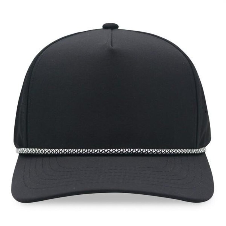 May include: Black baseball cap with a curved brim and a white and gray rope detail. The cap has a structured crown and a small button on top. The hat is designed for sun protection and casual wear.