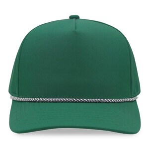 May include: A solid green baseball cap with a curved brim. The cap features a white and gray rope detail along the front. The cap has a rounded top and a classic, casual style.