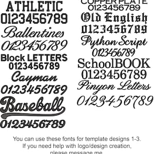 May include: A collection of various font styles, including Algerian, Athletic, and Baseball, each accompanied by a set of numbers. The image also includes text stating the fonts can be used for template designs and provides contact information for design assistance.