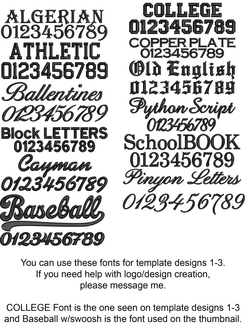 May include: A collection of various font styles, including Algerian, Athletic, and Baseball, each accompanied by a set of numbers. The image also includes text stating the fonts can be used for template designs and provides contact information for design assistance.