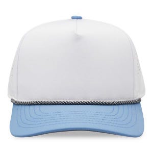 May include: A white baseball cap with a light blue brim and a black and white rope detail. The cap has a curved brim and a button on top. The hat is designed for sun protection and casual wear.