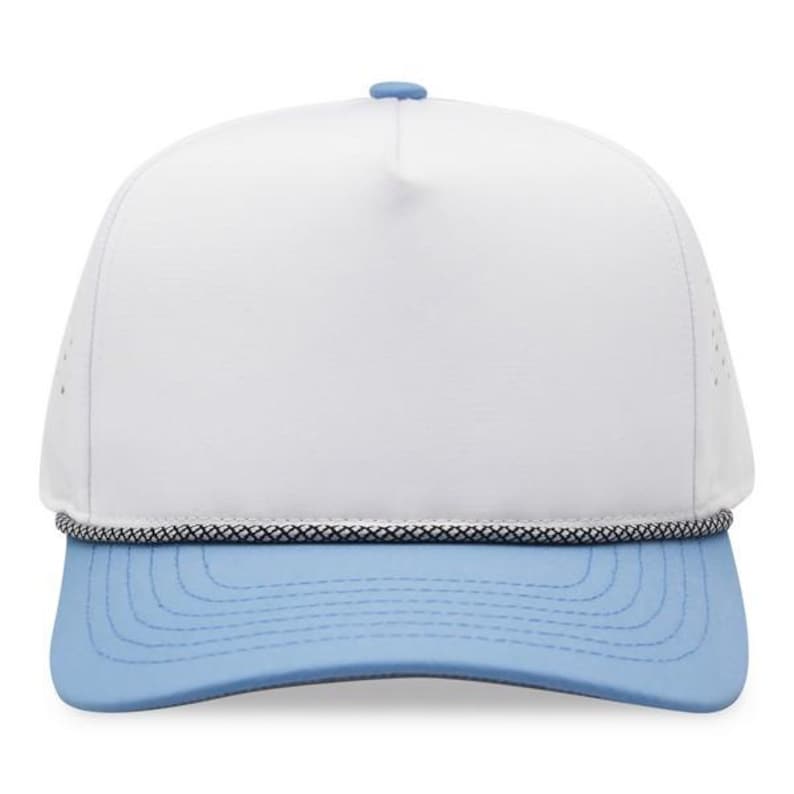 May include: A white baseball cap with a light blue brim and a black and white rope detail. The cap has a curved brim and a button on top. The hat is designed for sun protection and casual wear.
