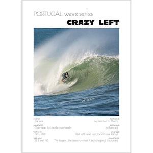 Portugal Surf Poster - Crazy Left - Digital Download A3 – Ericeira Wave Print Wall Art – Surfing Photography for Home Decor