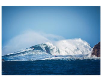 Big Wave Tow-In Surfing Poster - Nazaré Portugal Ocean Wall Art - Action Seascape Photography